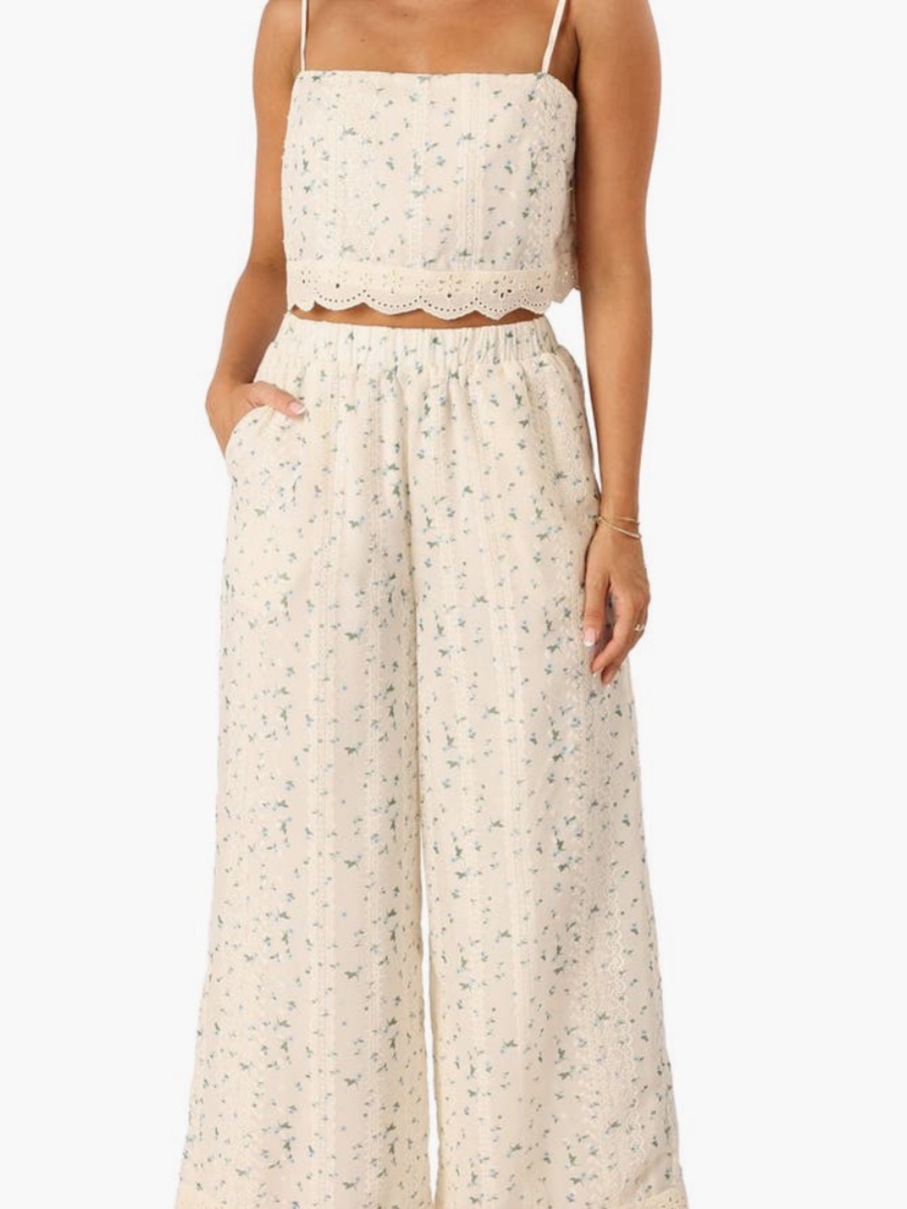 Petal & Pup Cream Wide-Leg Floral Pants- LARGE